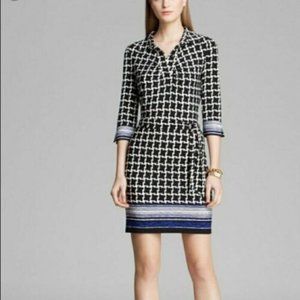 LAUNDRY by Shelli Segal Black White Blue Long Sleeve Stretch Collared Dress Sz S